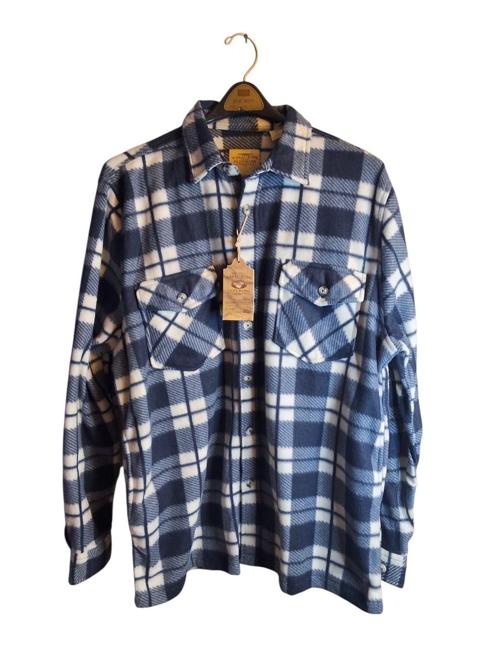 NWT Men's Blue and White Plaid Fleece Shirt Jacket Large